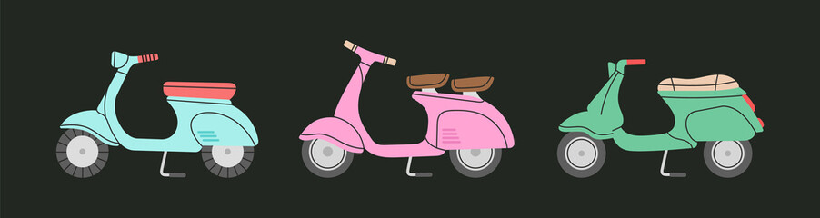 Set with stylish vintage scooters. Transport in the city, Italian style. Can be used in postcard or print design, as social media publication, background etc. Colorful vector illustration.