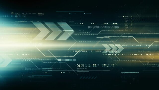 Technology background with glowing circuit lines and futuristic particles moving in a cyberspace. Abstract digital process animation with bright lights for electronic engineering design concept.