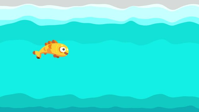 Golden fish jumping in the water cartoon animation. Isolated magic character animal. Seamles loop, alpha channel, wavy background.