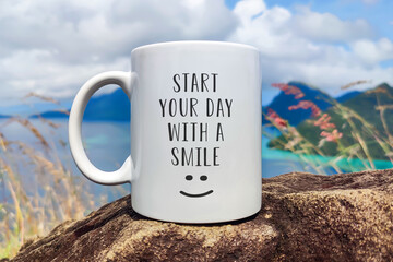 Start your day with a smile greeting with a happy smile on a cup of coffee with sea background.