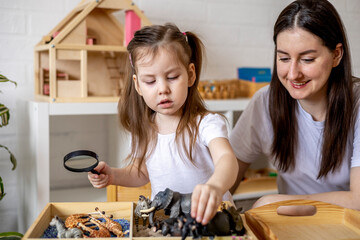 Montessori material. Little girl with her mother explores wild animals through the game.