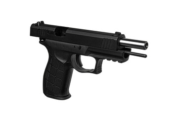 Modern semi-automatic pistol. A short-barreled weapon for self-defense. Arming the police, special units and the army. Isolate on a white back