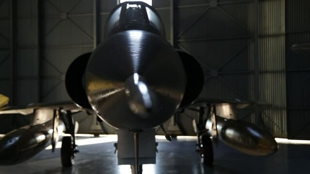 Fighter Jet In Hangar, Warplane Inside Hangar.  