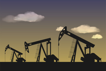 Silhouette of oil or gas drilling rigs on a sunset background. Oil industry. Vector illustration