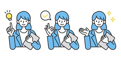 ビジネスシーンでの女性イラスト　様々なポーズ　提案、確認、紹介、説明など　白背景にベクター素材