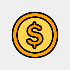 Dollar coin icon in filled line style about currency, use for website mobile app presentation