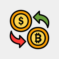 Exchange dollar and bitcoin icon in filled line style about currency, use for website mobile app presentation