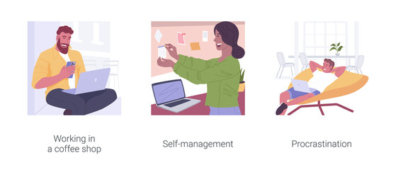 Fototapeta premium Freelance work organization isolated cartoon vector illustrations set.