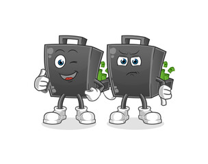 money briefcase thumbs up and thumbs down. cartoon mascot vector
