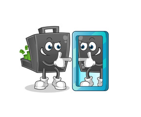 money briefcase looking into mirror cartoon. cartoon mascot vector