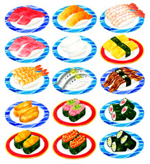 Fototapeta na wymiar 皿に乗った色々な種類のお寿司のセットイラスト　日本料理の手描き水彩イラスト素材集