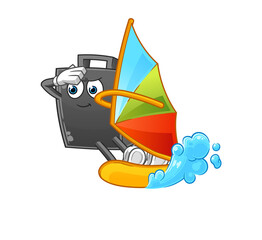 money briefcase windsurfing character. mascot vector