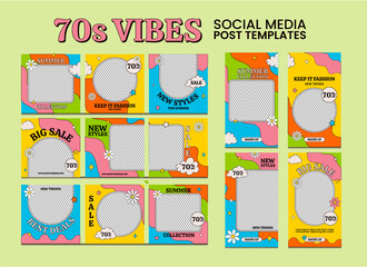 Editable template stories and social media posts frames, 70s style. Square post puzzle set and stories background design pack. Hand drawn groovy psychedelic posts collection