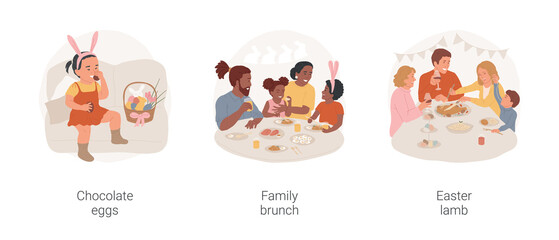 Easter meal isolated cartoon vector illustration set. Girl wearing in bunny ears eating chocolate eggs, delicious Easter lamb, happy family having brunch, celebrating at home vector cartoon.