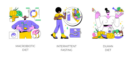 Burn fat abstract concept vector illustration set. Macrobiotic diet, intermittent fasting, Dukan weight-loss meal plan, organic nutrition, low carb food, metabolic health, digestion abstract metaphor. - obrazy, fototapety, plakaty