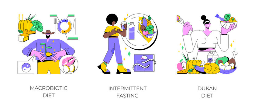 Burn fat abstract concept vector illustration set. Macrobiotic diet, intermittent fasting, Dukan weight-loss meal plan, organic nutrition, low carb food, metabolic health, digestion abstract metaphor.