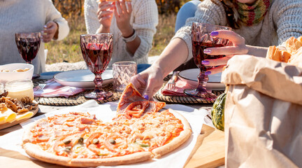 Three friends had a picnic in the autumn field. Girlfriend concept.