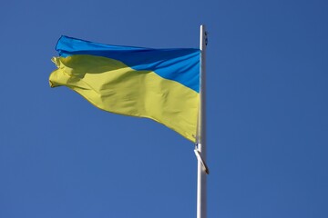 Ukraine flag waving in strong wind on a sunny summer day