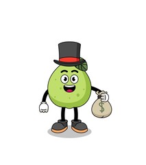 guava mascot illustration rich man holding a money sack