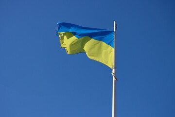 Ukraine flag waving in strong wind on a sunny summer day