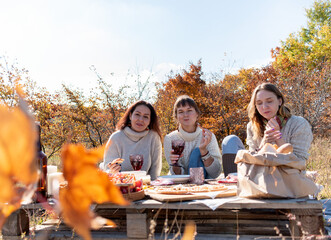 Three friends had a picnic in the autumn field. Girlfriend concept.
