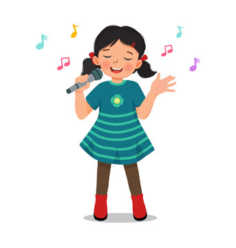 happy little girl singing a song with a microphone