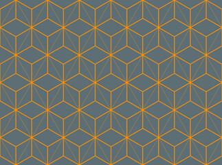 Contemporary tessellated repeating 3d cubes pattern of orange gold linear shape outlines on a gray background, geometric vector illustration