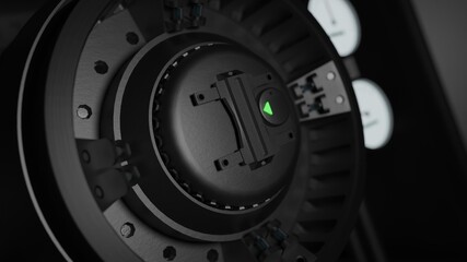 Close up side view metal capsule engine in dark scene 3D rendering sci-fi industrial wallpaper backgrounds