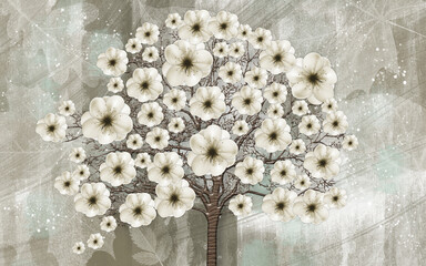 3D tree mural wallpaper with light white flowers, brown stump in classic background. wall home decor