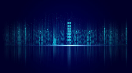 Virtual particle digital city skyline on dark blue background