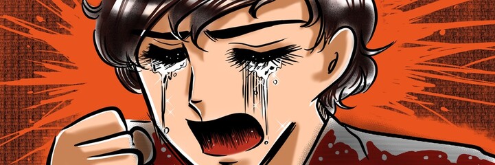 70年代少女漫画拳を握り失恋に泣く天然パーマのイケメン少年のイラスト © NORIMA