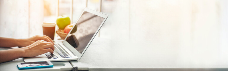 Banner Blogger Woman hands typing laptop keyboard. Panorama women hand using laptop social network...