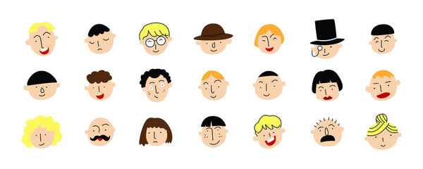 Fototapeta premium set of various head for profil picture or avatar. cute human character for emoticon. hand drawn vector illustration design