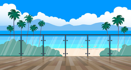 balcony view tropical beach resort ocean palms mountain seascape vector illustration