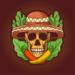 Skull sombrero with vegetables hand drawn illustration