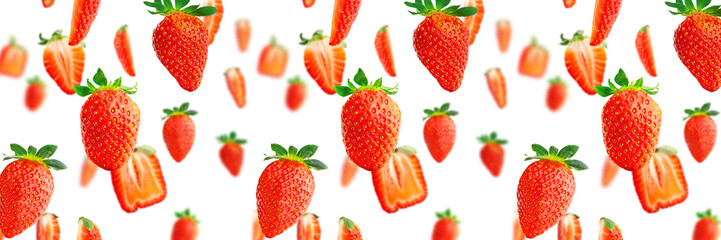 Colorful background of fresh ripe strawberries on white backdrop. Top view, flat-lay banner for packing design