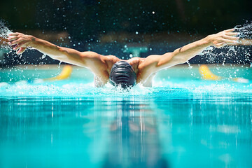 Perfect butterfly stroke. Shot of a male swimmer doing the butterfly stroke toward the camera.