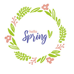 Obraz premium Hello Spring round frame with flowers, leaves. Vector hand drawn floral wreath isolated on white background for poster, flyer, invitation, card design.