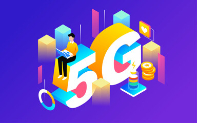 5G mobile network data security, e-commerce isometric illustration