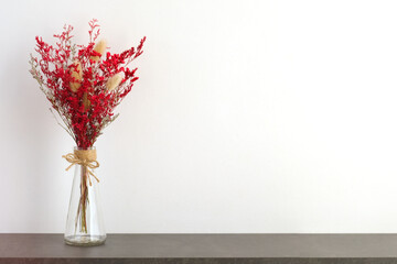 Flower bouquet in glass vase on table background with copy space , Banner for mock up, template