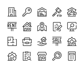 Real estate icons. Vector line icons set. Mortgage, rent apartments, homes for sale concepts. Outline symbols, linear graphic elements. Modern design