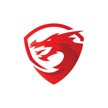 Modern dragon shield emblem crest logo design. Dragon head and shield vector icon with gradient color style