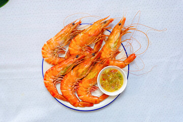 Thai Steamed shrimp with seafood sauce.Fresh seafood from Thailand