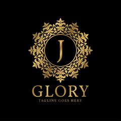 letter J glory crest luxury circular plants vintage vector logo design