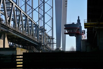 Obraz premium Bridge construction, steel design and architecture for a bridge system of modern road construction. In the Netherlands over the river to connect land.
