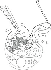 Traditional Japanese ramen and wave for restaurant printing on wallpaper.Ramen vector illustration for doodle art.Asian food.