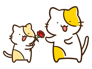 母の日にカーネーションをあげるかわいいねこの手書き風イラスト