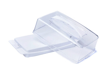 Empty plastic butter container with open transparent lid insulated on white background