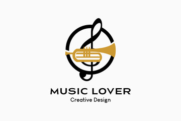 Trumpet logo design with silhouette combined with tone icon in circle. Vector premium