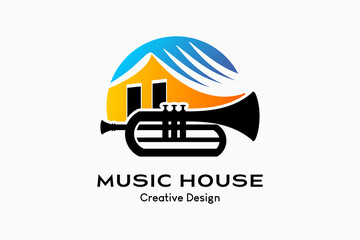 Trumpet house logo design with a creative concept, trumpet silhouette combined with colorful house icons. Vector premium - obrazy, fototapety, plakaty